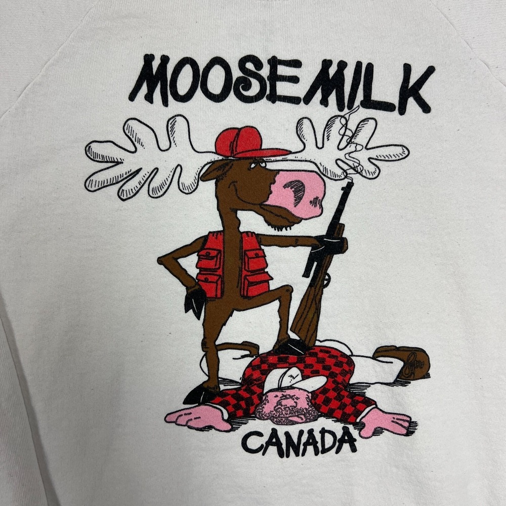Vintage Moose Milk Sweatshirt Mens XL White 1990s Canada Cartoon Funny Comic - Picture 3 of 12